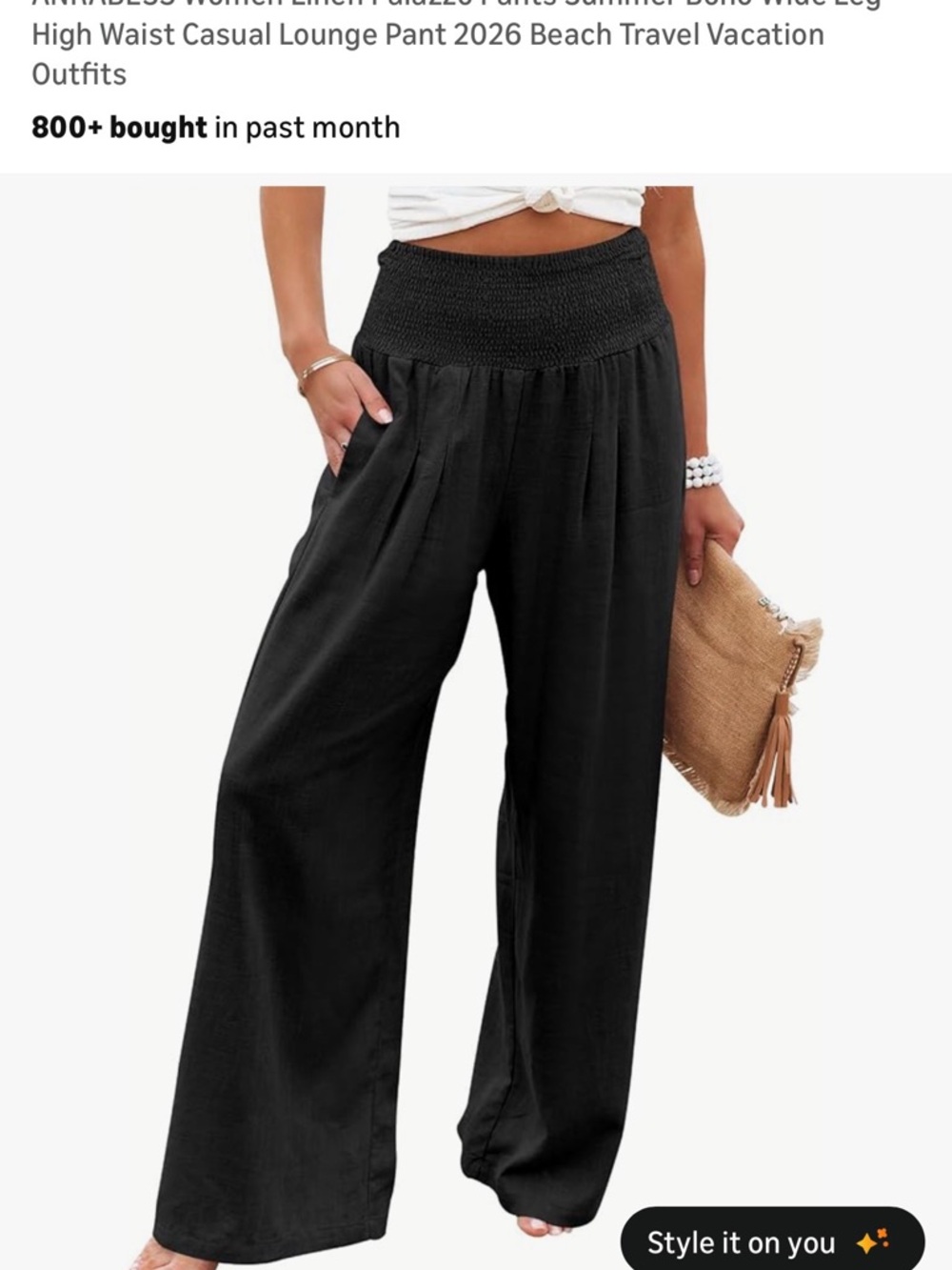 Wide Leg Smocked Waist Linen-Blend Pants — Black